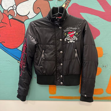 Y2K Ed Hardy Embroidered Puffer Jacket / Patches / Skulls / 00s / Love Kills / XS / Small / Cropped / Bomber / Winter / Tattoo Print / Bling 