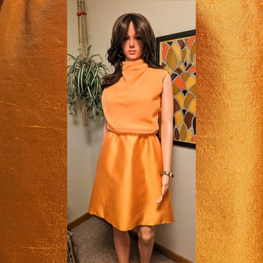 Vintage 1960s Tangerine Orange Shantung Silk & Chiffon Cowl Neck Sleeveless Blouson Mini 60s Formal Cocktail Dress 