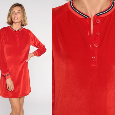 Red Velour Dress 70s Mini Shift Dress Long Raglan Sleeve Ringer Henley Lounge Casual 1970s Vintage Athletic Sporty Retro Minidress Medium 