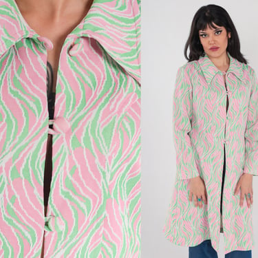 70s Coat Colorful Mod Jacket Long Pink Green Abstract Print Button Up Trench Coat Retro Groovy Hippies Seventies Vintage 1970s Medium M 