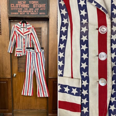 Vintage 1960’s Pop Art Star & Stripes Cotton Twill Two Piece Outfit Suit, Sportcoat Jacket Flare Pants, Mod, Glam, Hippie, Vintage Suit, 