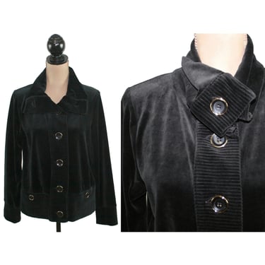 Y2K Black Jacket Medium, High Neck Velvet Velour Loose Button Up, Casual Fall Winter, 2000s Clothes for Women, Vintage from Jones New York 