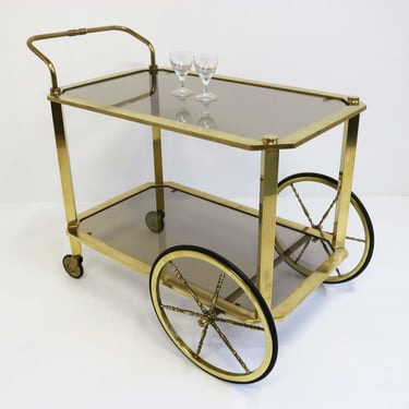 Hollywood Regency Serving Trolley Vintage Bar Cart  Cocktail Entertainment Beverages Tea Cart Mid Century Brass Side Table Smoked Glass 1960 