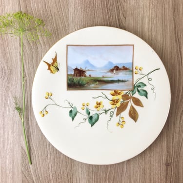Painted Alps scene plate with flowering vine - vintage decorative plate 
