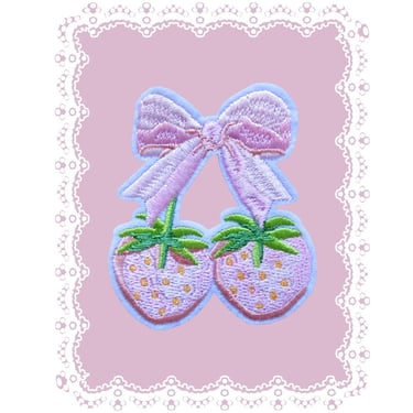 Coquette Strawberry Patch - Strawberries and Pink Bow - Iron on Patches for Crafting DIY Fashion Projects Denim Jean Jackets 