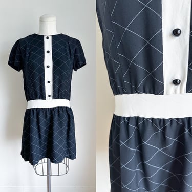 Vintage 1960s Black & White Check Drop Waist Dress / M 