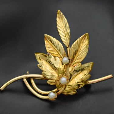 50's 12K GF leafy bouquet brooch, elegant mid-century gold filled leaves pearl flowers pin 