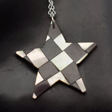 60's checkerboard star Mother of Pearl onyx 925 silver pendant, black & white mosaic sterling necklace 