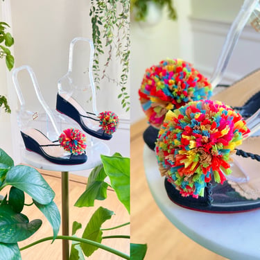 Vintage Inspired Sandals | CHARLOTTE OLYMPIA 1940s 1950s Style Raffia Pom Pom Clear Vinyl Wedge Angle Strap Heels (size US 7) 