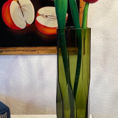 Green Faceted Sweden Glass Vase | Vintage Faceted Art Glass Vase | Lindshammar Sweden Gunnar Ander Vase | MCM Faceted Glass Vase 