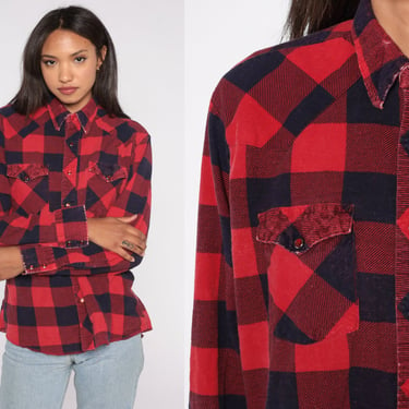 Buffalo Plaid Flannel Shirt 90s Red Wrangler Checkered Lumberjack Pearl Snap Long Sleeve Button Down up 1990s GRUNGE Vintage Large 