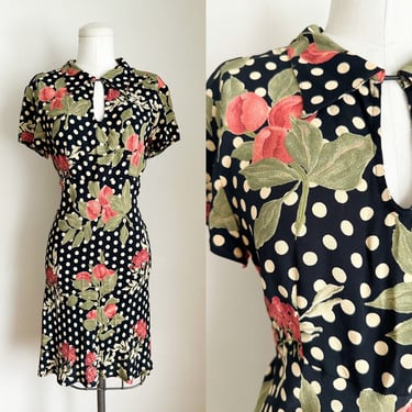 Vintage 1990s Bias Cut Rose Print Rayon Dress / S 