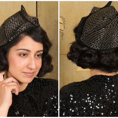 1930s Hat - High Fashion Black Felt Peaked Crown Mid 30s Hat with Bugle Beads 