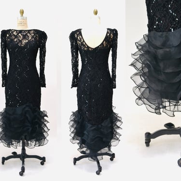 80s 90s Vintage Black Prom Party Dress Size Small Medium Black Lace Sequin Dress with Ruffles Long Sleeves// Vintage Black Lace Ruffle Dress 