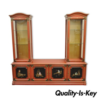 Vintage Jasper Oriental Chinoiserie Red Display China Cabinet Curio Credenza