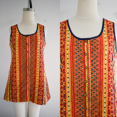 1970s Red, Yellow, and Navy Printed Tunic Vest 