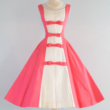 Iconic 1950's Suzy Perette Barbie Pink Full Skirt Party Dress With Pleats and Bows / SM