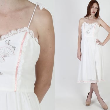 Vintage 70s Off White Hippie Dress / 1970s Candi Jones Embroidered Lace Mini / Adjustable Shoulder Tie Bridal Lawn Party Midi 