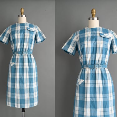 vintage 60s dress | vintage 1960s cotton blue plaid print shirtdress | Small 