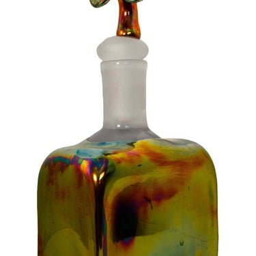 Paula Barton Signed Postmodern Iridescent Glass Decanter with Flower Design Top 