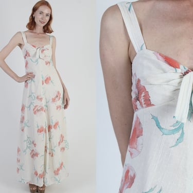 Long Garden Floral Bridesmaids Gown, Vintage 70s Romantic Maxi Dress, Spaghetti Strap Flower Print Sundress 