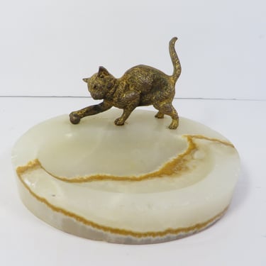 Vintage Bronze Cat Alabaster Marble Trinket Tray 