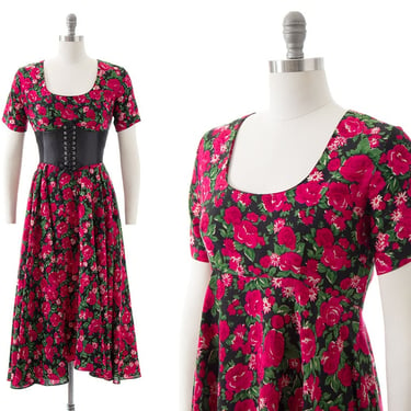 Vintage 1990s Dress | 90s Rose Floral Print Rayon Black Pink Fit and Flare Ditsy Grunge Midi Day Dress (small/medium) 