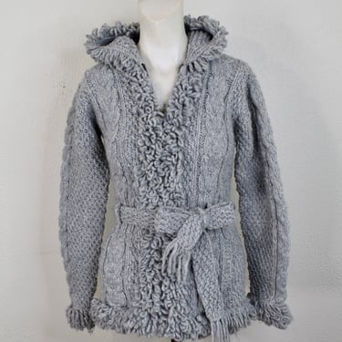 1990s Gray Cable Knit Sweater - Zip Up Sweater - Fuzzy Wool Jacket - Hooded Ski Jacket 