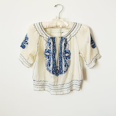 Vintage 1940s Hungarian Blue Embroidered Peasant Blouse 