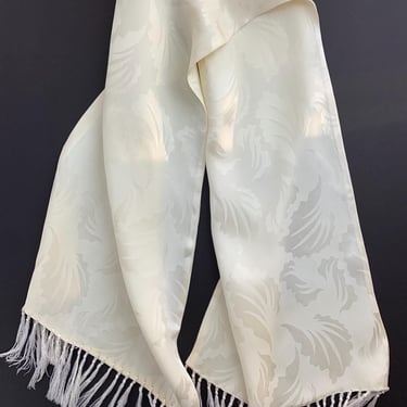 Men's 1940'S Dress Scarf - Creamy White Rayon - Jacquard Leaf Pattern - Knotted Fringe - Old Hollywood Glam Scarf - Tuxedo Scarf 