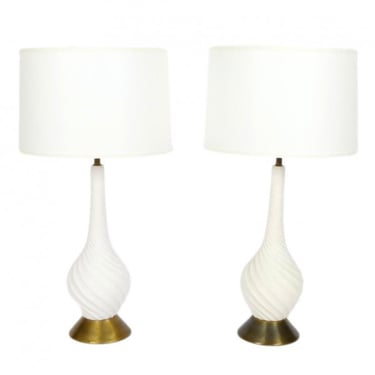 Pair of White Ceramic Spiral Design Lamps