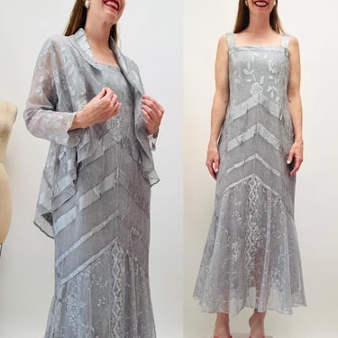 90s Vintage Gray Lace Sleeveless Dress and Jacket Wedding Reception Metallic Silver Gray Casual Lace Dress and Jacket Small Medium Damianou 