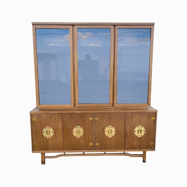 MidCentury Chinoiserie China Cabinet with Asian Style Brass Hardware, Wood & Glass Display Hutch - Vintage MCM Furniture 