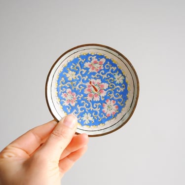 Vintage Small Enamel Dish from China, Blue and Pink Floral Ring Dish 