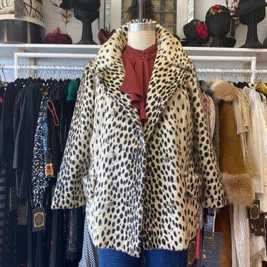 vintage 1960s faux fur leopard print coat, double breasted, animal print, mod 36 