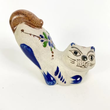 Vintage Tonala Mexican Ceramic Pottery Cat Figurine Signed Blue Hand painted