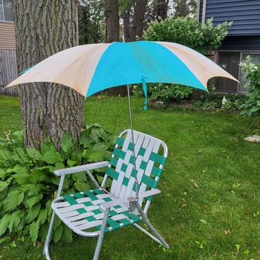 Groovy Blue and White Fabric Beach Chair Umbrella Made in Japan 