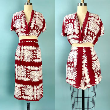 Vintage 1940s Kamehameha Rayon 3 Piece Top Shorts Skirt Hawaiian Tiki Set 