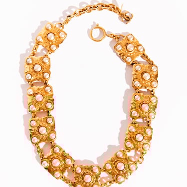 CHANEL 80s Gold Plated Diamond Shaped Pearl Necklace & Earring Set