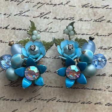 vintage blue flower earrings 1950s enamel AB jeweled ear climber clip-ons 