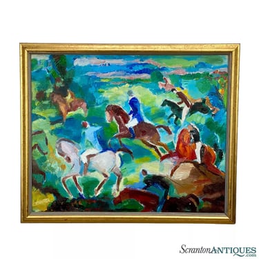 Vintage Abstract Cavaliers on Horse Oil Canvas Framed Art 20x24