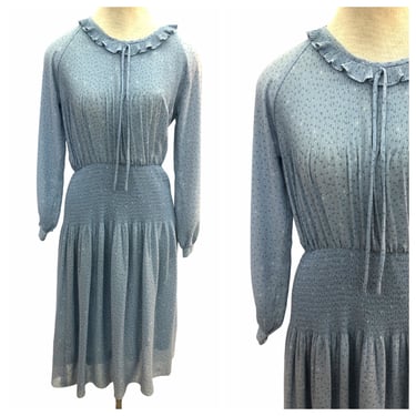 Vintage VTG 1970s 70s Vages Blue Floral Japanese Smocked Long Sleeve Dress 