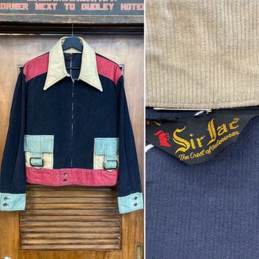 Vintage 1960’s Size L “Sir Jac” Color Block Corduroy Mod Disco Zipper Jacket, Vintage Clothing 