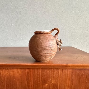 Vintage coil pot with woven handle and decorative charms / tribal boho handmade ceramic vase 