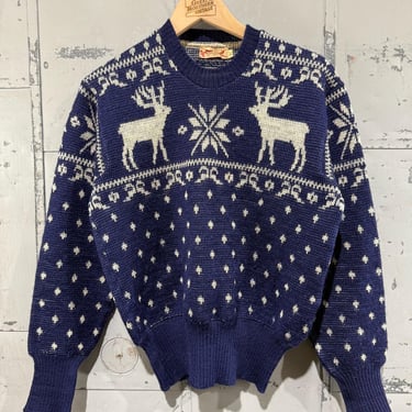 Vintage 1950s Wool Ski Sweater Jantzen Picture Knit Reindeer Winter fair isle Birds Eye Christmas 