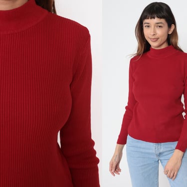 90s Mock Neck Sweater Red Ribbed Sweater Pullover Mockneck Tight Fitted Sweater Vintage Retro Plain 1990s Knit Medium 