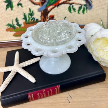 Vintage Anchor Hocking Old Colony milk glass pedestal floral bowl with clear glass frog insert, scalloped rim, for farm kitchen decor 