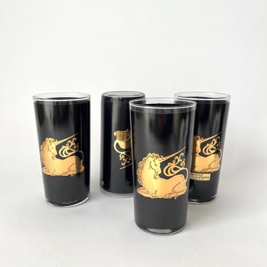 MCM 70s Culver Black and 22k Gold Unicorn Highball Glasses 