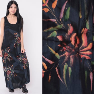 Tropical Floral Dress Y2k Black Rayon Gauze Maxi Flower Leaf Print Sleeveless Sundress Hippie Tie Dye Style Vintage 00s Small Medium Large 