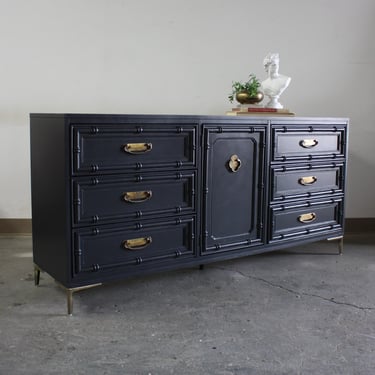 AVAILABLE**Vintage Faux Bamboo Credenza in Charcoal Gray//Refinished Sideboard//Painted Hollywood Regency Buffet//Mid Century Media Console 
